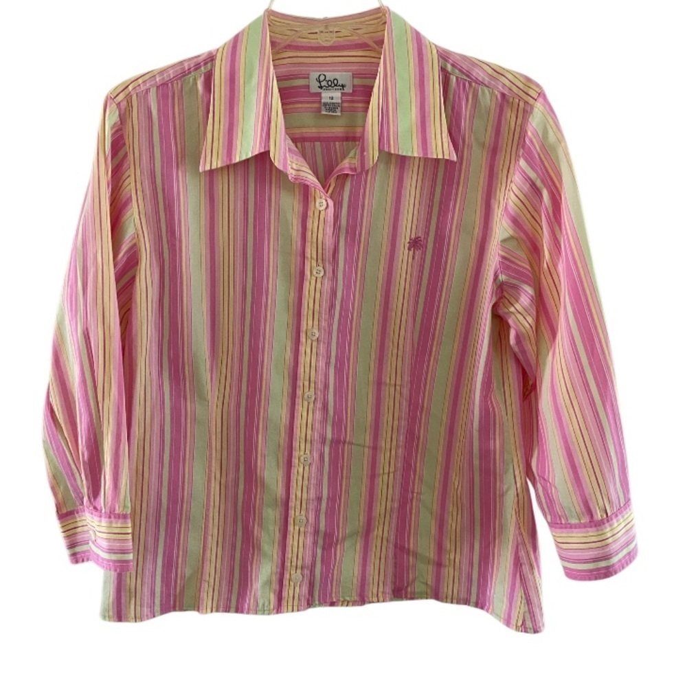 Lilly Pulitzer Striped Button Front Shirt Multicolored Compact Cotton Size 12